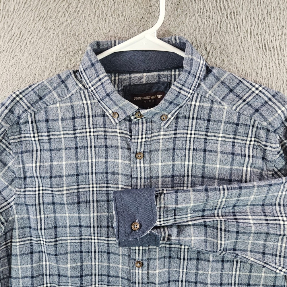 Johnston‎ & Murphy Mens Blue Grey Plaid Flannel Button Down Shirt Large L
